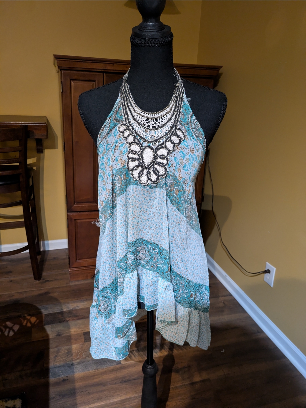 Boho Halter Tunic Top in Teal Patchwork